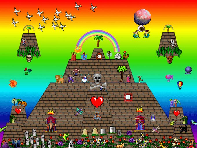 A vibrant, densely packed digital illustration showing a pyramid-like maze filled with cartoonish characters, skulls, birds, rainbows, and flames against a rainbow gradient background.