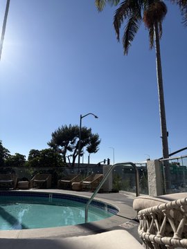 A person relaxes by a sunny resort pool lined with palm trees and lounge chairs, enjoying a "staked and chilled" vibe that matches the post's theme of passive crypto earnings through staking $hbull for $ansem rewards at a 900% APR.