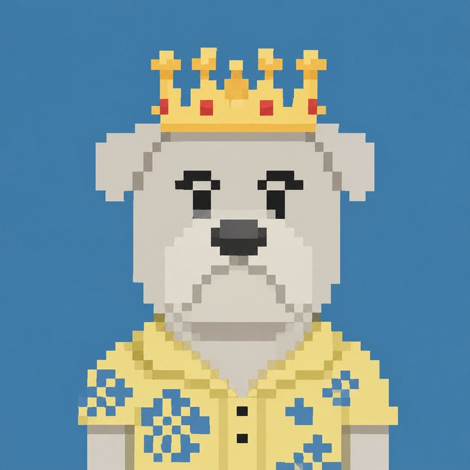 A pixel art illustration of a white dog or similar animal wearing a golden crown and a yellow shirt with blue floral patterns against a blue background.
