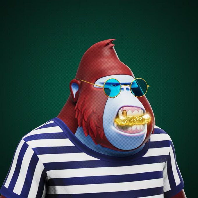 3D-rendered red monkey/ape character wearing a blue and white striped shirt, blue-tinted round sunglasses, and gold grills on its teeth, set against a dark green background.