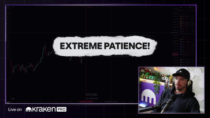 The screenshot shows a man wearing glasses and a beanie streaming a BTCUSD chart on Kraken Pro, with the bold text "EXTREME PATIENCE!" displayed prominently over the price graph—visually reinforcing his message that traders should wait for setups rather than chase sudden price movements.