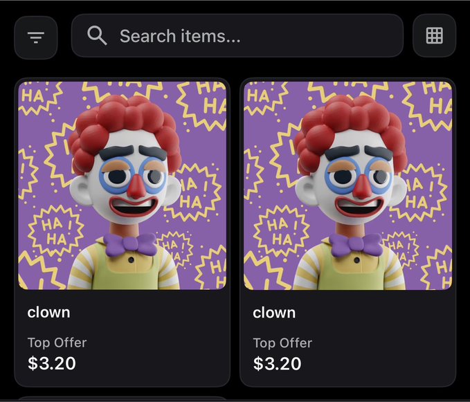 A digital marketplace interface showing two identical clown avatar listings priced at $3.20 each as 'Top Offer', featuring a cartoon clown with red hair against a purple 'HA HA HA' patterned background.