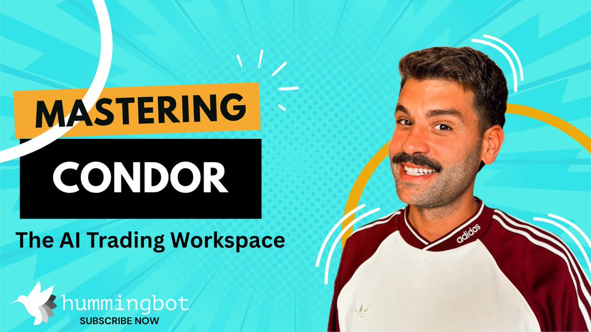 A YouTube thumbnail titled 'MASTERING CONDOR - The AI Trading Workspace' by hummingbot, featuring a smiling man with a mustache in a maroon and white Adidas sweatshirt.