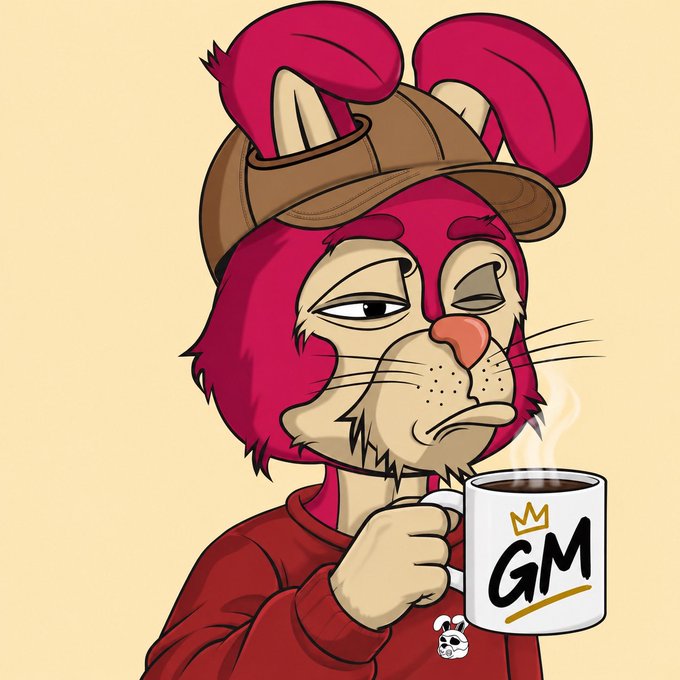 Digital illustration of a red cat character wearing a cap, holding a white mug labeled 'GM' with a crown logo.