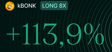 A trading screenshot showing 'KBONK' with a 'LONG 8X' badge and a gain of '+113,9%' in green text on a dark background.