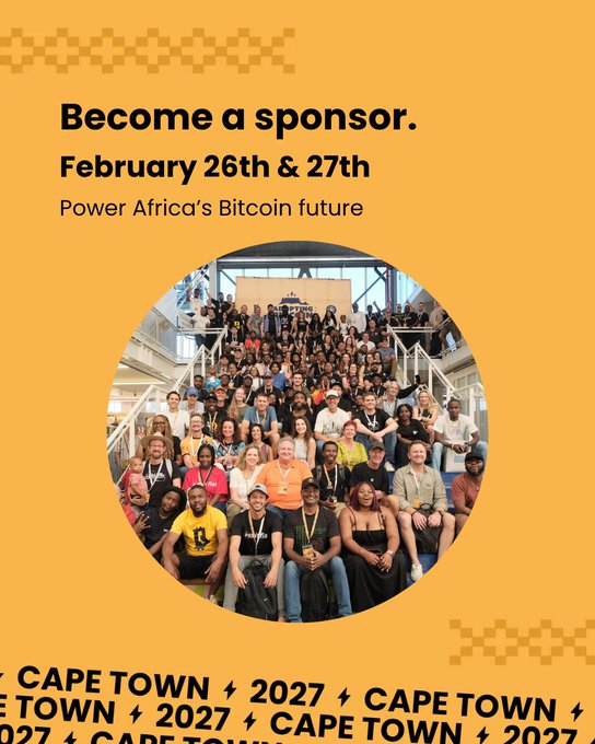 A yellow promotional graphic reading 'Become a sponsor. February 26th & 27th - Power Africa's Bitcoin future' featuring a circular group photo of conference attendees and 'CAPE TOWN 2027' text along the bottom.