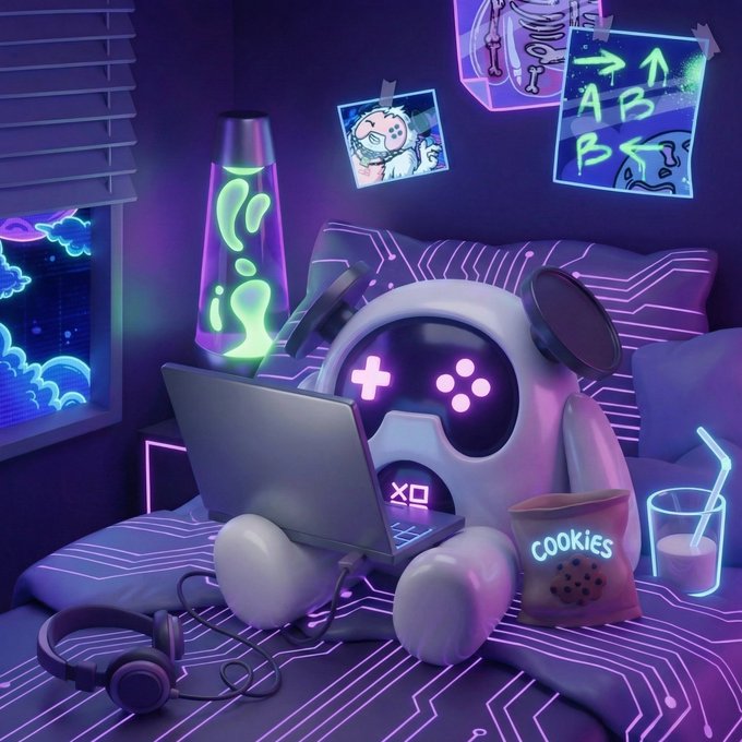 The image features a cartoon robot sitting on a bed next to a laptop computer. The robot appears to be using the laptop for some purpose or activity. There are also headphones placed near the robot, suggesting that they might be used for listening to music or other audio content while working on the laptop.