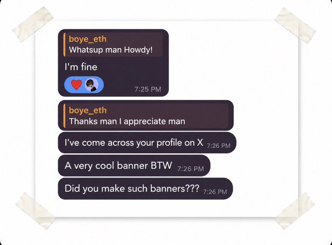 This image shows a direct message conversation where "boye_eth" compliments the recipient's banner on "X" and asks if they make such banners. The post relates to this by implying the message received is a validation of the banner the poster created for "vibeman".