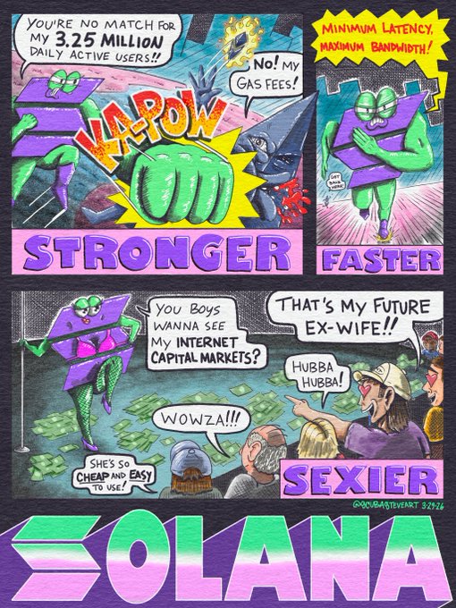 The image features a cartoon illustration of a green character with purple arms holding up a purple sign that says "solana". The cartoon also includes text about a new tooling called "solana" and its benefits, as well as a reference to a post on social media discussing the advantages of using solana.
