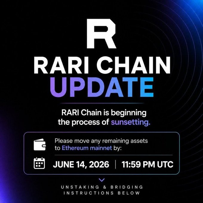 The image features a black background with white text that reads "RARI Chain Update". Below the main text, there are instructions for users who want to move their assets to etherium mainnet by the end of June 14, 2026 at 11:59 PM UTC.