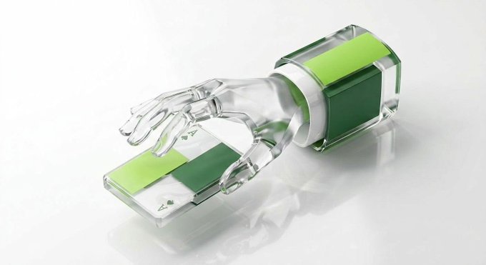 A transparent glass hand with green sleeve cuff reaches out to hold an Ace of Spades playing card, with a matching green and white box beside it on a white surface.

The image visually reinforces the "Ace up its sleeve" metaphor in the post, depicting Boba Network as a skilled player cleverly concealing or revealing a winning card, suggesting strategic capability and a hidden advantage in blockchain technology.