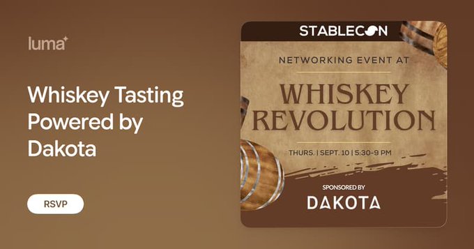 A promotional graphic advertises "Whiskey Tasting Powered by Dakota" featuring a RSVP button, alongside an event flyer for "WHISKEY REVOLUTION" at Stablecon on Thurs. Sept. 10, 5:30-9 PM, sponsored by Dakota.