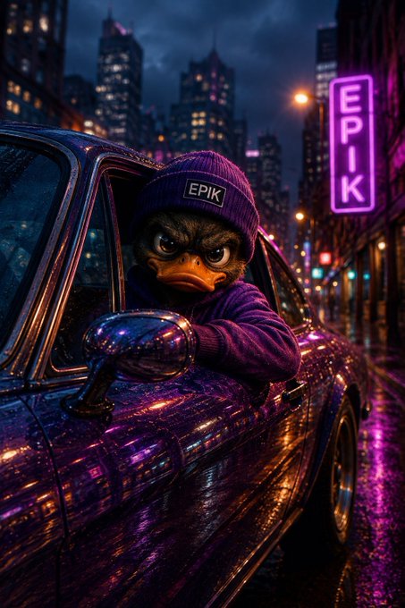 An AI-generated image of an anthropomorphic duck wearing a purple beanie and sweater leaning out of a shiny purple car in a neon-lit city, with 'EPIK' displayed on the beanie and a neon sign.