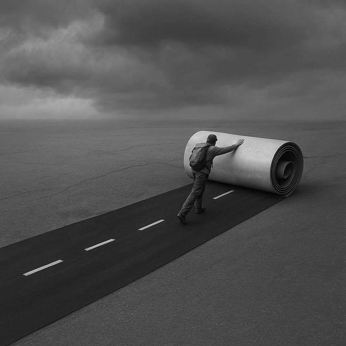A black and white surreal illustration of a person with a backpack unrolling a road across a vast, empty landscape under a dark cloudy sky.