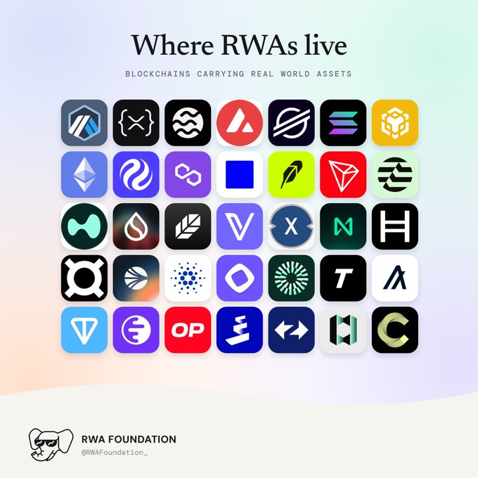 An infographic titled "Where RWAs live" displaying logos of various blockchains carrying real world assets, including Ethereum, Solana, Polygon, Avalanche, and Optimism, credited to RWA Foundation (@RWAFoundation_).