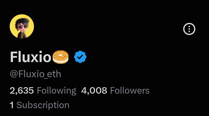A Twitter/X profile page for 'Fluxio' (@Fluxio_eth) with a hamburger emoji display name, a blue verification checkmark, 2,635 following, 4,008 followers, and 1 subscription.