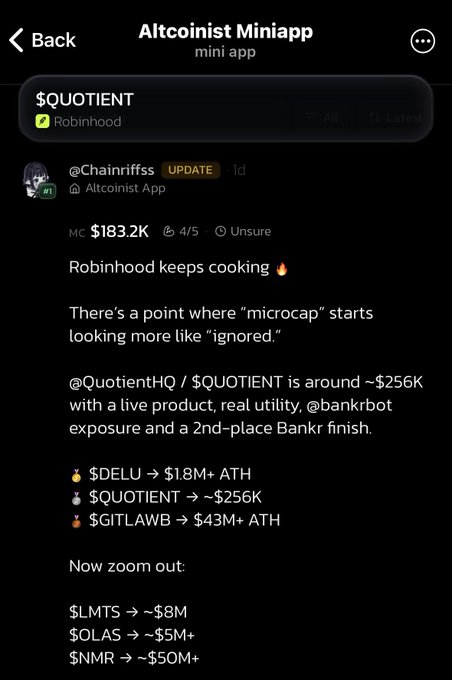 A screenshot from the Altcoinist Mini app showing a post by @Chainrifss discussing microcap crypto tokens, with a Robinhood chart for $QUOTIENT and mentions of $DELU, $GITLAWB, $LMTS, $OLAS, and $NMR market caps.