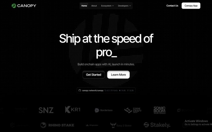 A screenshot of the Canopy website homepage with the headline 'Ship at the speed of pro_' and a tagline about building onchain apps with AI, featuring logos of partners like SNZ, KR1, Borderless, Code & Craft, Sonic, Rhino Stake, Easy 2 Stake, and Stakely.