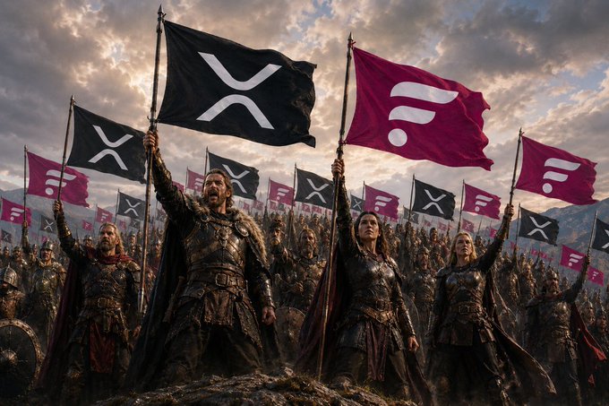 A fantasy-style epic battle scene shows warriors raising black flags featuring the XRP "X" logo and red flags bearing the Flare (FLR) logo. The imagery of rallying armies holding the crypto symbols aloft visually represents the community engagement call to action for $XRP and $FLR holders to boost their followers together.