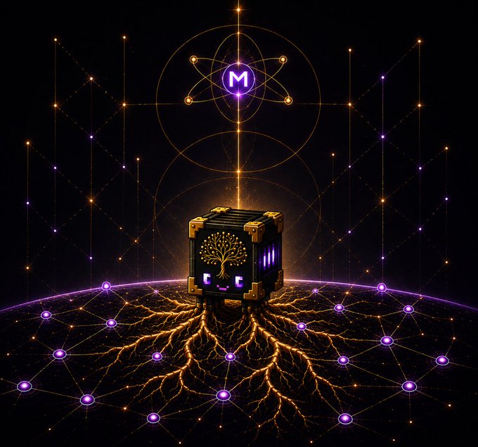 A digital artwork of a stylized treasure chest with a tree design standing on a network of glowing purple nodes, with an 'M' symbol in a geometric emblem above it.