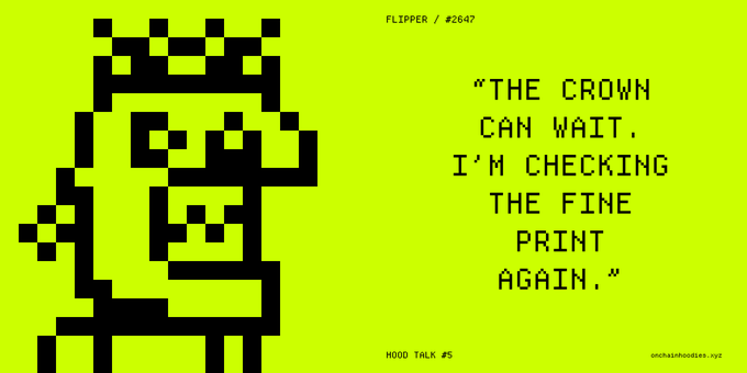 A pixel-art style graphic on a yellow-green background shows a crowned character with the text "THE CROWN CAN WAIT, I'M CHECKING THE FINE PRINT AGAIN."