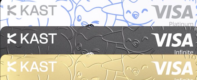 Three KAST VISA credit cards are displayed in a stack: Platinum (white/blue), Infinite (black), and Infinite (gold).