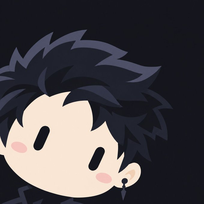 A chibi-style cartoon illustration of a character with messy black hair, oval black eyes, pink cheeks, and an earring against a black background.
