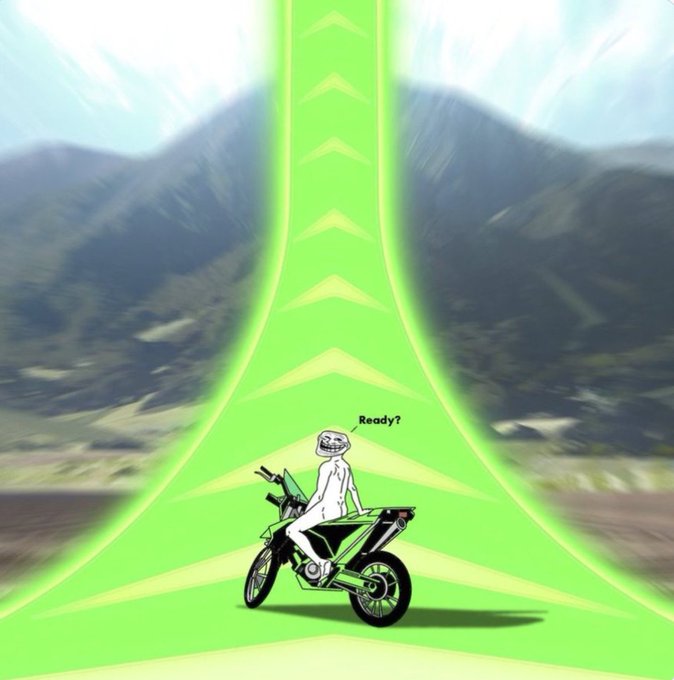 An internet meme showing a trollface character riding a green motorcycle on a glowing green arrow path with the text 'Ready?'