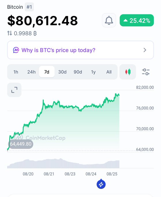 CoinMarketCap chart shows Bitcoin at $80,612.48 with 25.42% gain over 7 days, climbing from around $64,449 to $80,000+.