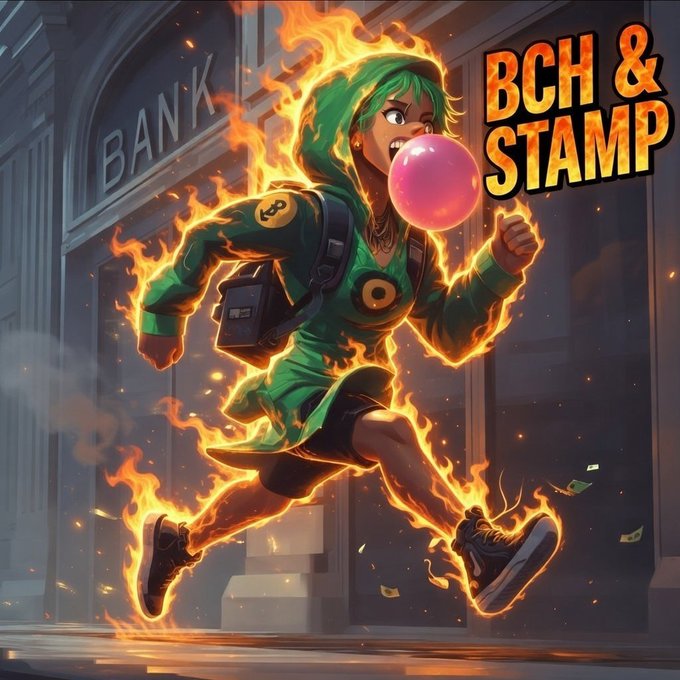 A vibrant digital illustration shows a green-haired character in a green hoodie running while engulfed in flames and blowing a pink bubblegum bubble in front of a 'BANK', with 'BCH & STAMP' displayed prominently in yellow text.