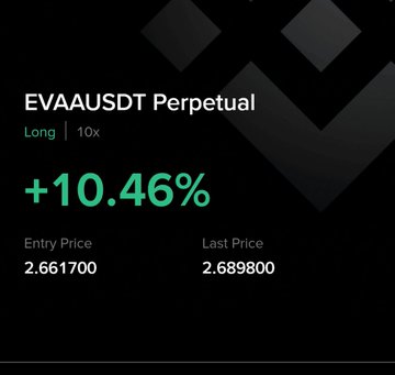 The image shows a trading position card for the EVAAUSDT Perpetual contract, displaying a profitable long position with 10x leverage yielding a +10.46% gain, with an entry price of 2.661700 and last price of 2.689800. This visually reinforces the poster's bullish conviction on $EVAA, providing concrete evidence of an already-profitable trade that supports their argument for holding rather than closing despite others "fading" the token.
