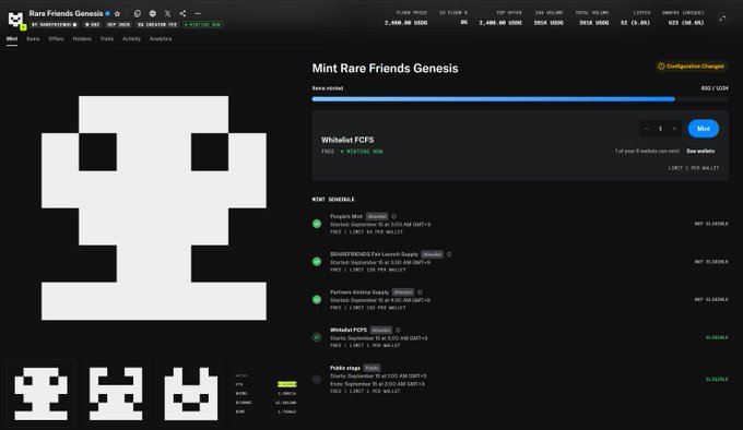 A screenshot of a webpage for an NFT collection called 'Rare Friends Genesis', featuring a pixelated skull icon, mint schedule, and statistics showing 3,469 Followers.