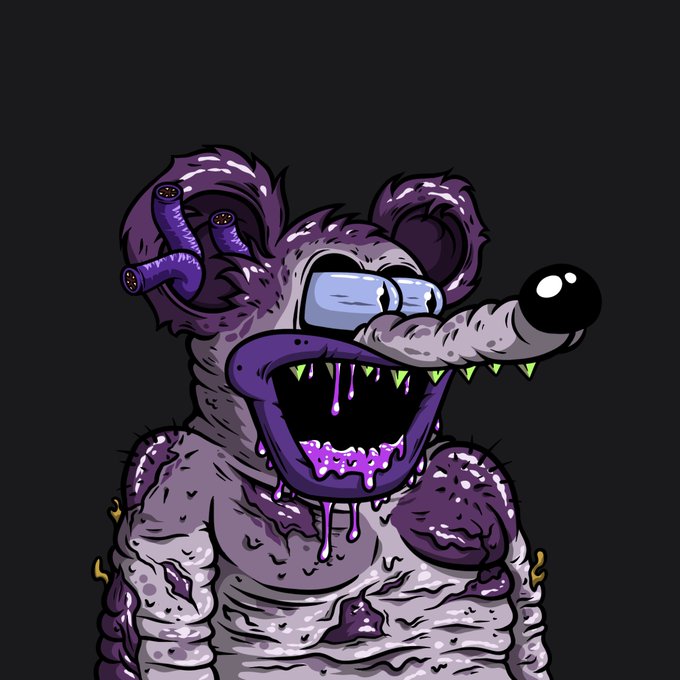 A grotesque illustration of a decaying, purple rat-like creature with exposed worms in its ear, drooling viscous liquid from a wide mouth full of sharp teeth, set against a dark background.