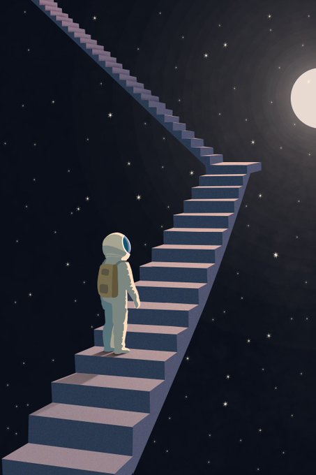 An illustration of an astronaut with a tan backpack standing on a staircase that ascends into a starry night sky toward a bright moon.