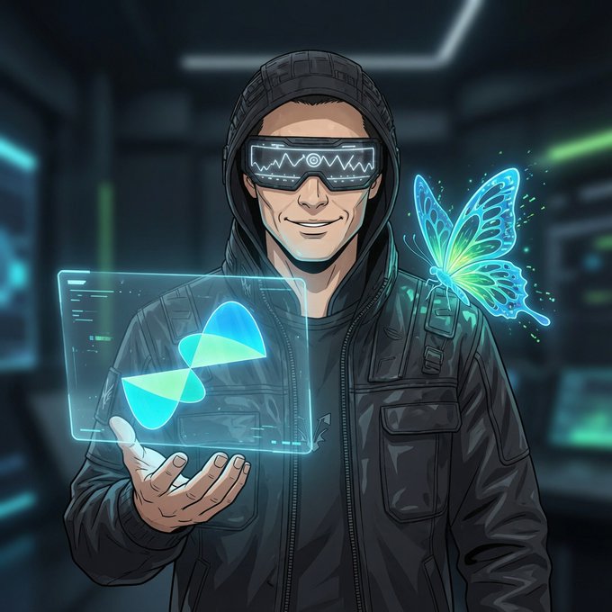 An illustration of a smiling man wearing a beanie and futuristic visor goggles, holding a holographic blue display, with a glowing blue butterfly beside him in a cyberpunk setting.