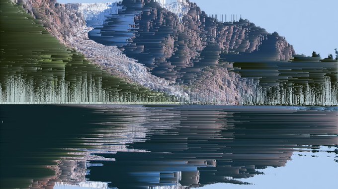 A glitched, corrupted digital image displaying a landscape with red rocky mountains, trees, and a sky, heavily fragmented by horizontal distortion lines.