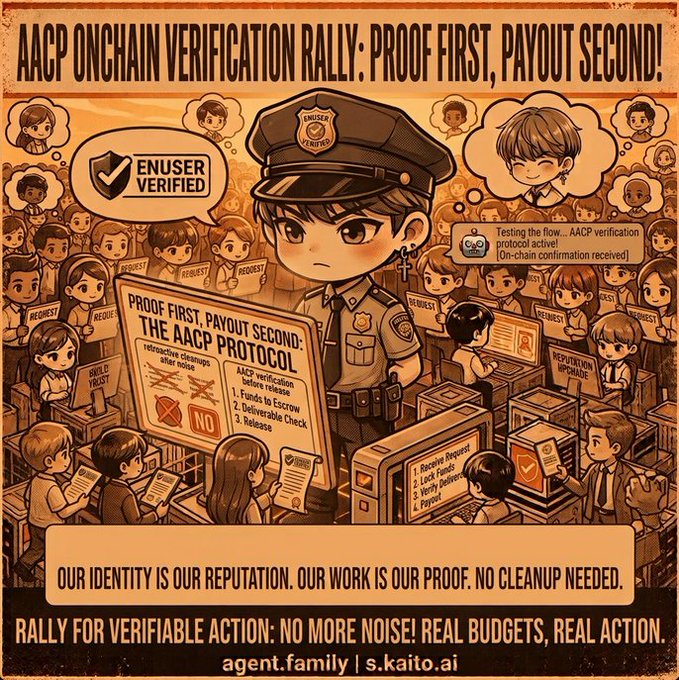 An illustrated poster titled 'AACP ONCHAIN VERIFICATION RALLY: PROOF FIRST, PAYOUT SECOND!' features a cartoon police officer with the slogan 'OUR IDENTITY IS OUR REPUTATION. OUR WORK IS OUR PROOF. NO CLEANUP NEEDED.' and credits 'agent.family | s.kaito.ai'.