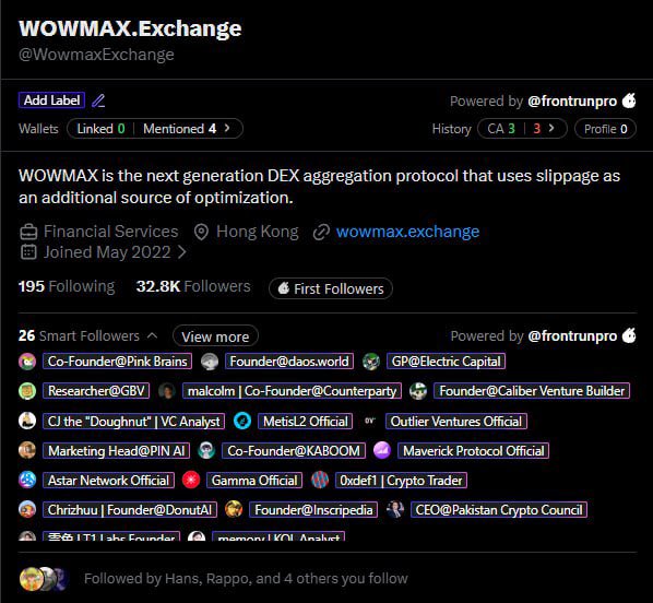 A Twitter profile page of @WowmaxExchange, a Hong Kong-based DEX aggregation protocol founded in May 2022, showing 32.8K followers and notable Smart Followers including Ping Brains, GBV, KOL Analyst, and Dawn.ai founders, suggesting the project's credibility within the crypto space.