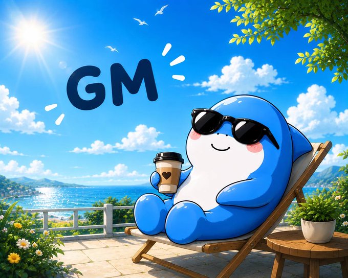 An illustration of a cute blue cartoon character wearing sunglasses and relaxing on a beach chair while holding a coffee cup, with the text 'GM' displayed in the sky.