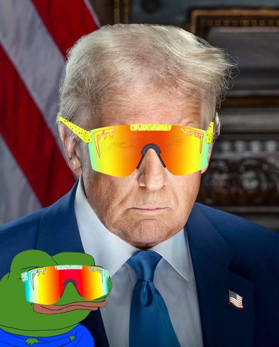 The image shows Donald Trump wearing flashy yellow and orange mirrored sunglasses, with a Pepe the Frog cartoon wearing matching sunglasses in the corner. The meme-style edit visually parodies the news caption about Trump reporting over $600M in earnings from memecoins, humorously tying together his image with the meme coin culture that fueled those profits.