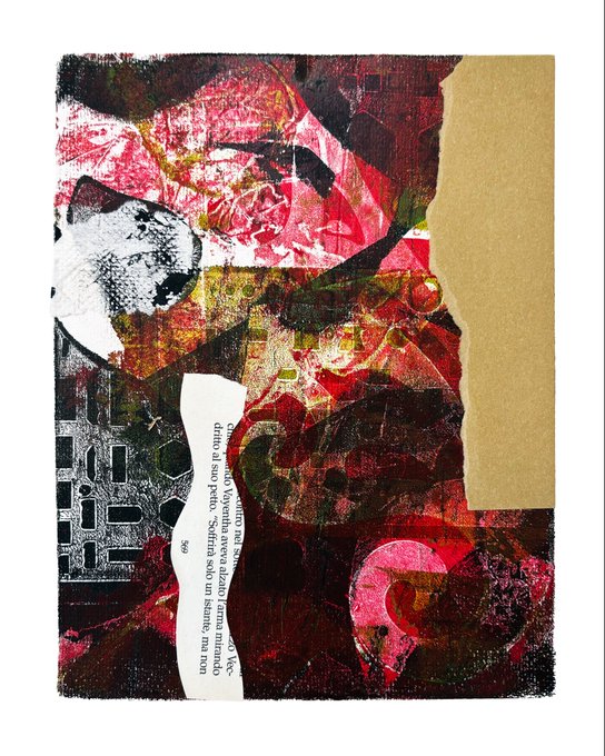 A colorful mixed-media collage artwork featuring torn paper, red and pink tones, black and white printed textures, and a piece of newspaper with Spanish text including 'Venecia'.