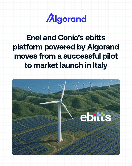 The image features an Algorand-branded announcement stating "Enel and Conio's ebitts platform powered by Algorand moves from a successful pilot to market launch in Italy," accompanied by a photo of wind turbines and solar panels in a green landscape with the "ebitts" logo—visually reinforcing the post's message about tokenized renewable energy from Italian solar and wind farms.