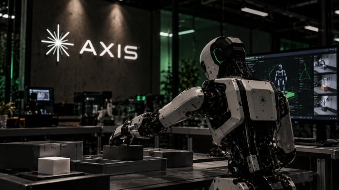 A humanoid robot works at a workstation in a high-tech facility with the 'AXIS' logo prominently displayed on the wall behind it.