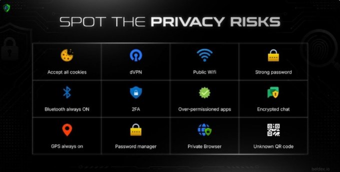 An infographic titled 'SPOT THE PRIVACY RISKS' showing 12 icons including Accept all cookies, dVPN, Public WiFi, Strong password, Bluetooth always ON, 2FA, Over-permissioned apps, Encrypted chat, GPS always on, Password manager, Private Browser, and Unknown QR code.
