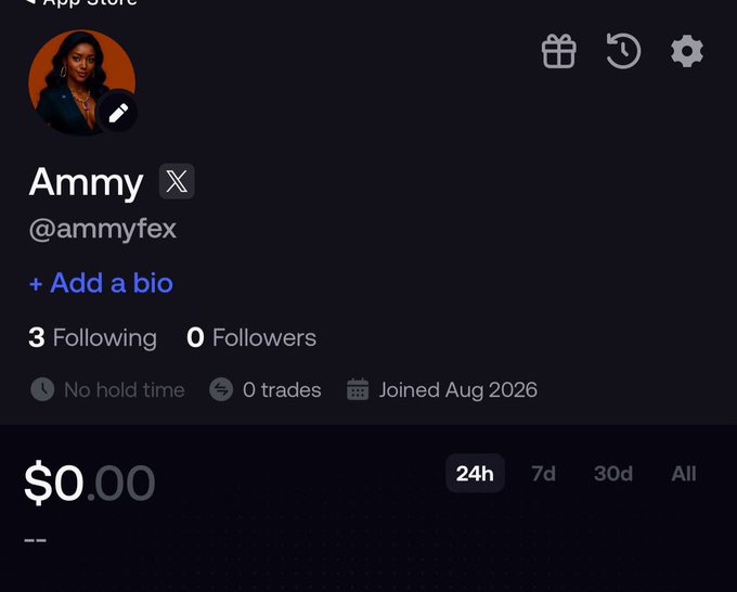 An X (formerly Twitter) profile for 'Ammy' (@ammyfex) showing 3 following, 0 followers, 0 trades, and a join date of August 2026.