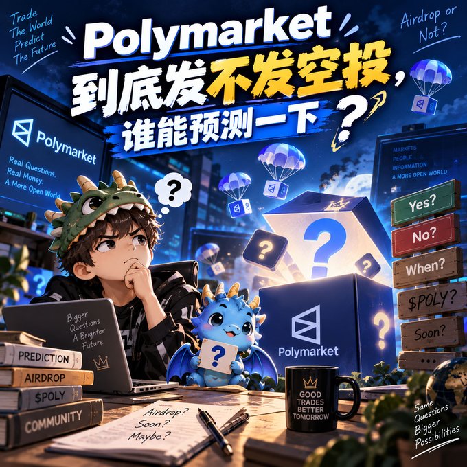 A promotional graphic for 'Polymarket' in English and Chinese, featuring a cartoon character with a dragon hat and dragon pet, discussing whether an airdrop will occur with question marks and 'Yes/No/When' signs.