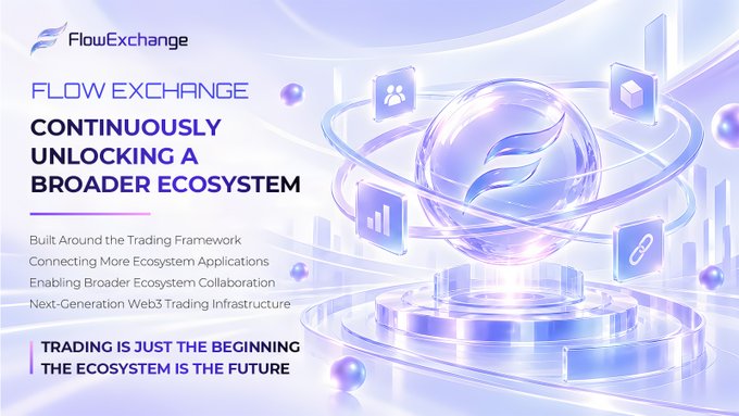 A promotional banner for "FlowExchange" featuring a glass orb with the brand logo, listing features like "Built Around the Trading Framework" and "Next-Generation Web3 Trading Infrastructure."