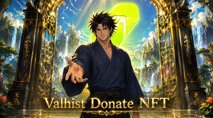 An anime-style illustration of a man in a dark robe with his hand extended, standing before golden gates and a fantasy landscape, with the text 'Valhist Donate NFT' overlaid.