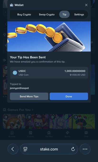 A screenshot of a Stake.com wallet confirmation showing a successful tip of 1,000.00000000 USDC ($1,000) sent to user "jonnyonaspot," matching the post announcing the $1,000 prize sent to a winner.