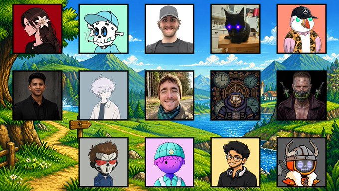 A grid of twelve profile pictures in various art styles (anime, cartoon, and photographic) overlaid on a landscape painting with a river and mountains.